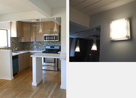 View of the kitchen and lighting fixtures.