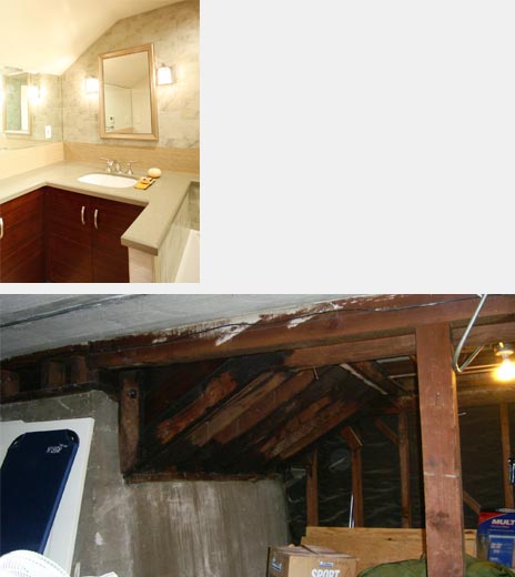 View of bathroom space before and after renovation.